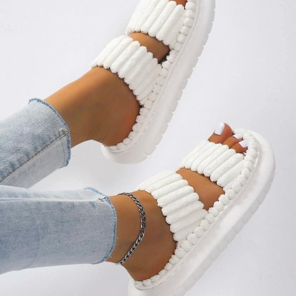 White Cozy Womens Minimalist Fuzzy Bedroom Slippers - Picture 3 of 5